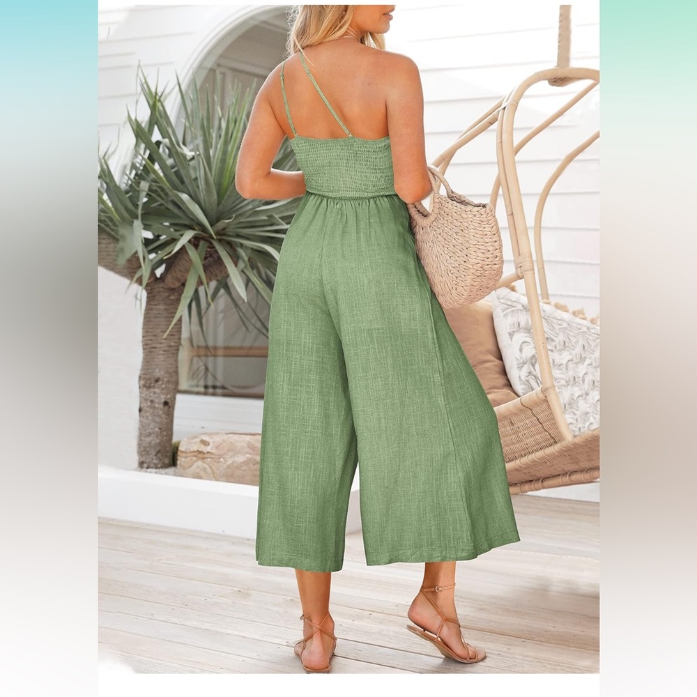 Women's Summer Straps One Shoulder Casual Wide Leg Linen Jumpsuit Romper.